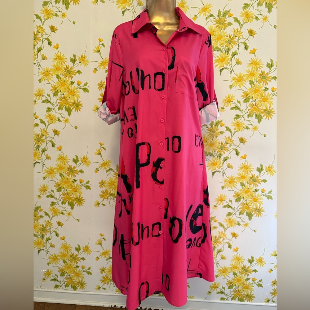 La’Ros Long sleeve midi shirt dress in pink